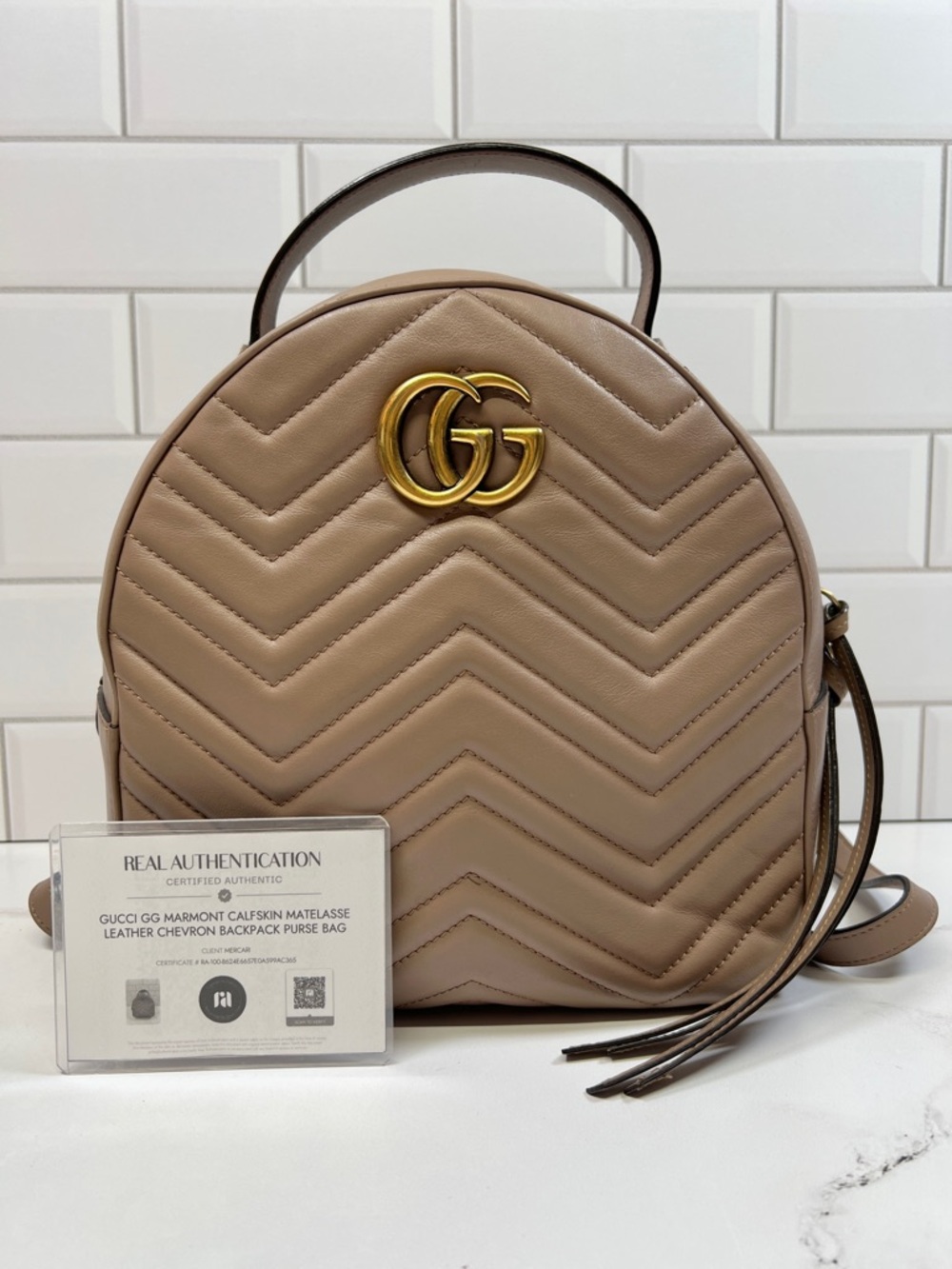 Gucci GG Marmont Calfskin Matelasse Leather Chevron Backpack Purse Bag
